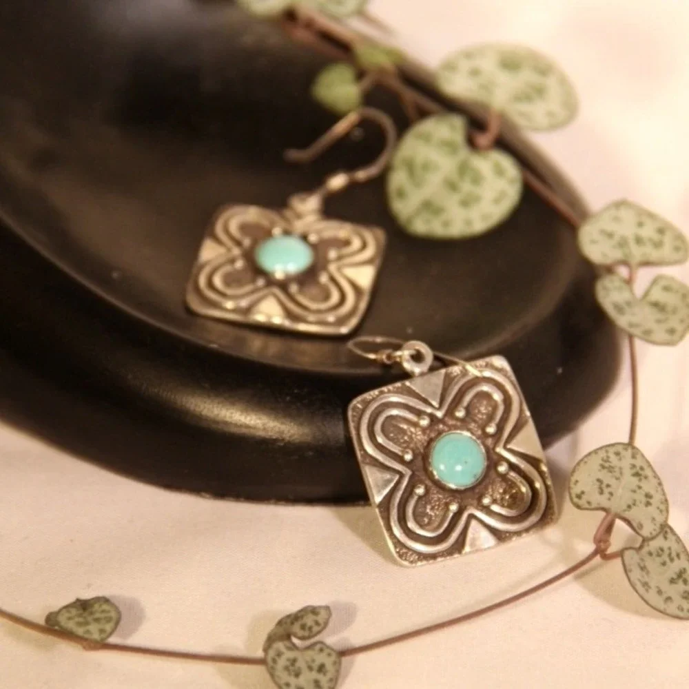 Vintage Sterling Silver 925 Turquoise Square Floral Drop Earrings French Hook - Picture 3 of 7